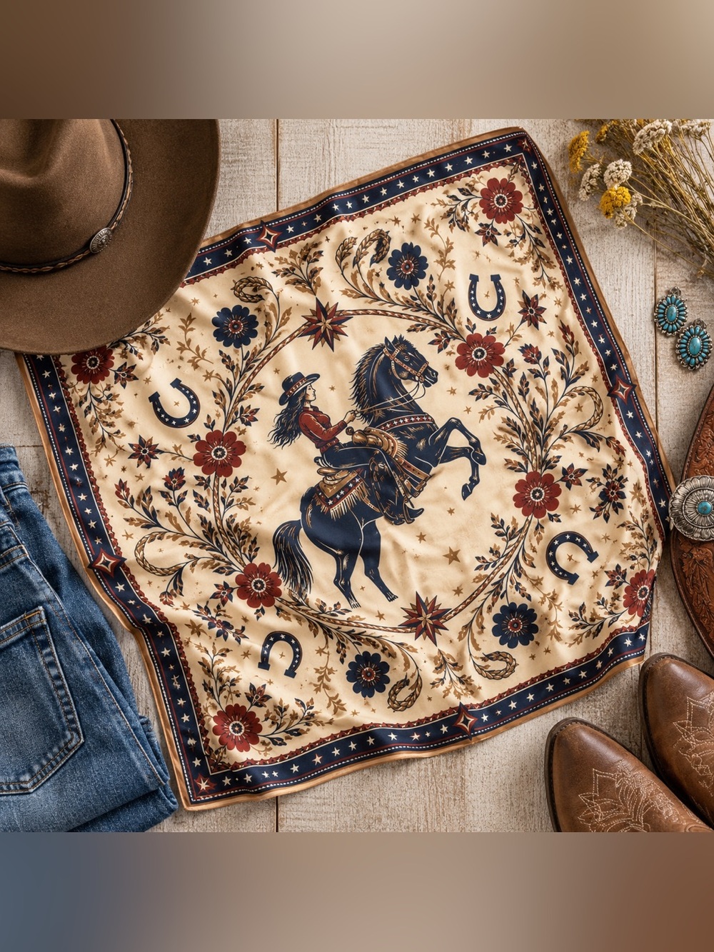 Western Cowgirl Horse Floral Wild Rag Bandana Scarf Navy Burgundy Boho Rodeo